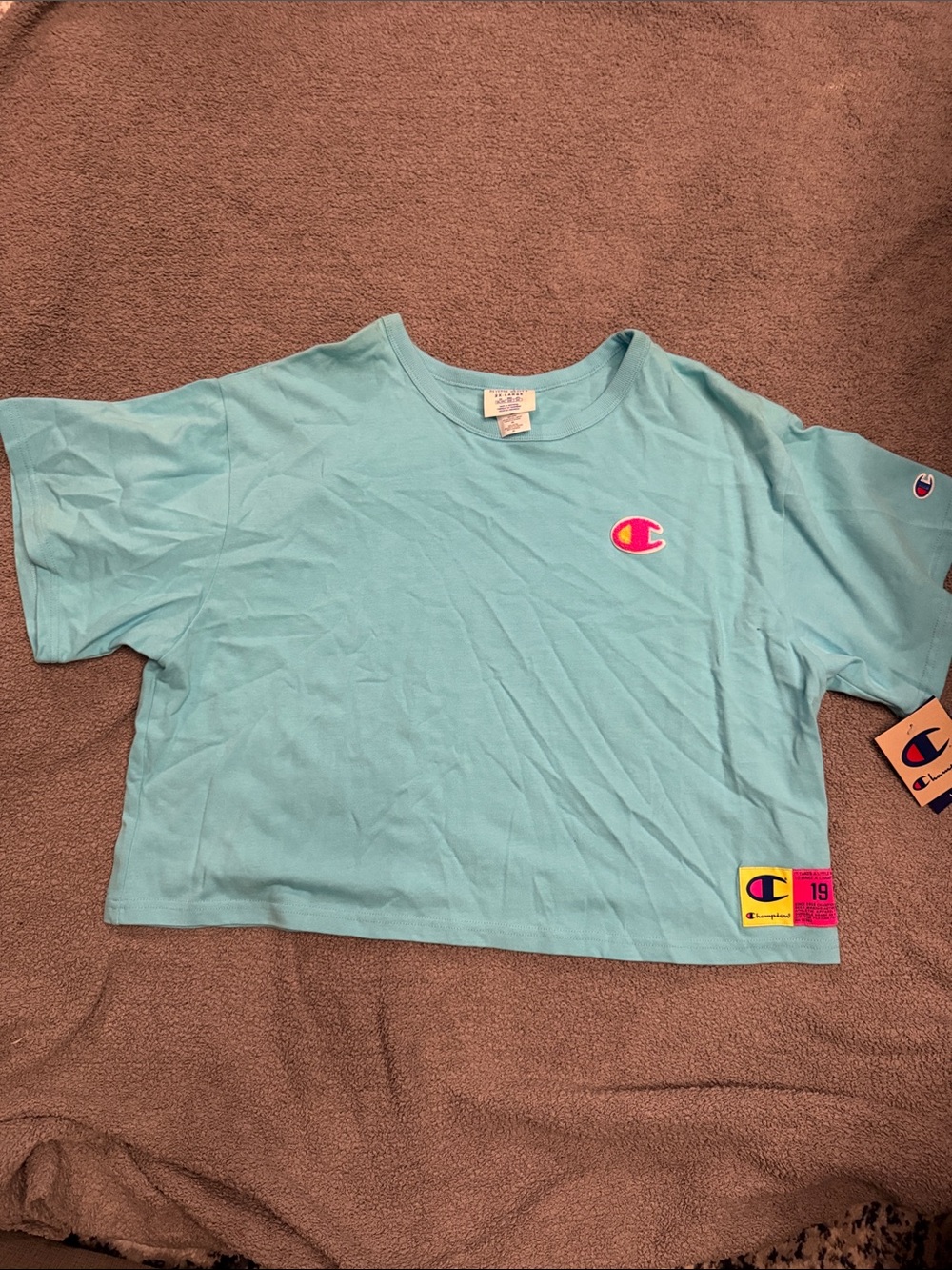 Champion Light Blue Crop Tee with Pink & Yellow Logo Accents